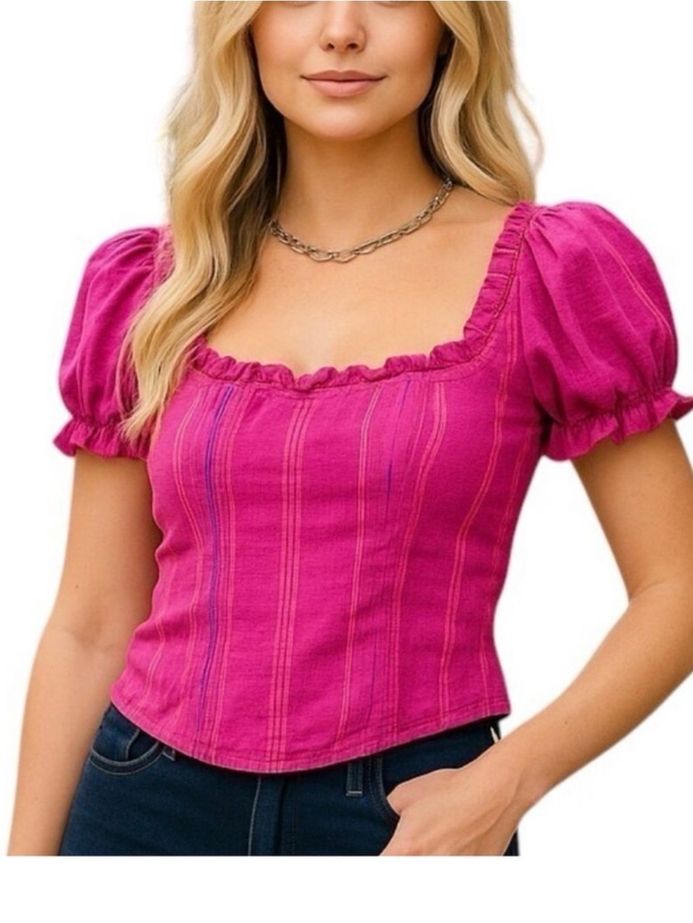 Free People Fuchsia Puff Sleeve Square Neck Blouse